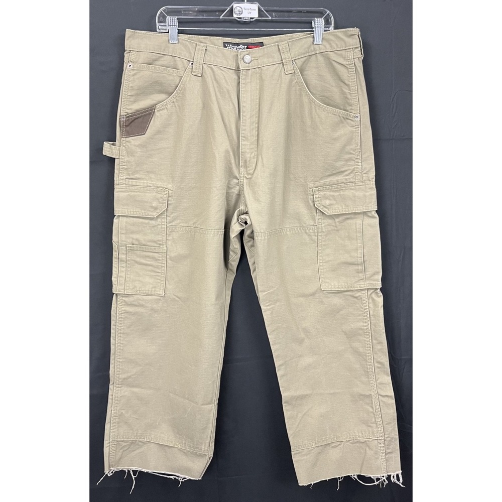 GUC Wrangler Riggs Mens 38x27 Tan Ripstop Cotton Cargo Work Pants Cut Raw Hem